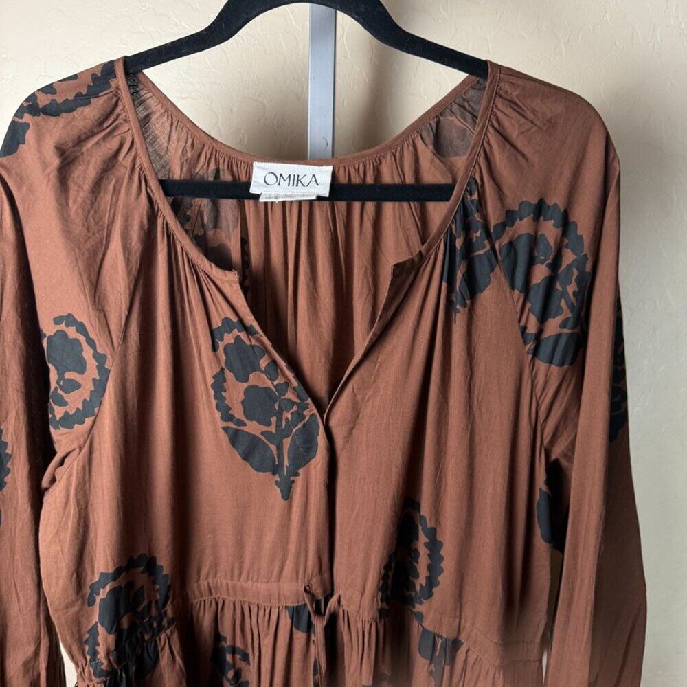 Anthropologie Omika Tiered Midi Long Sleeve Boho Resort Dress Brown Tassel XL - Picture 2 of 9
